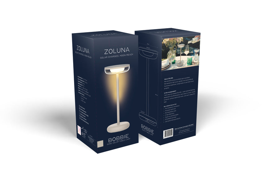 Verpakking van de ZOLUNA solar tafellamp Bobbie zand
