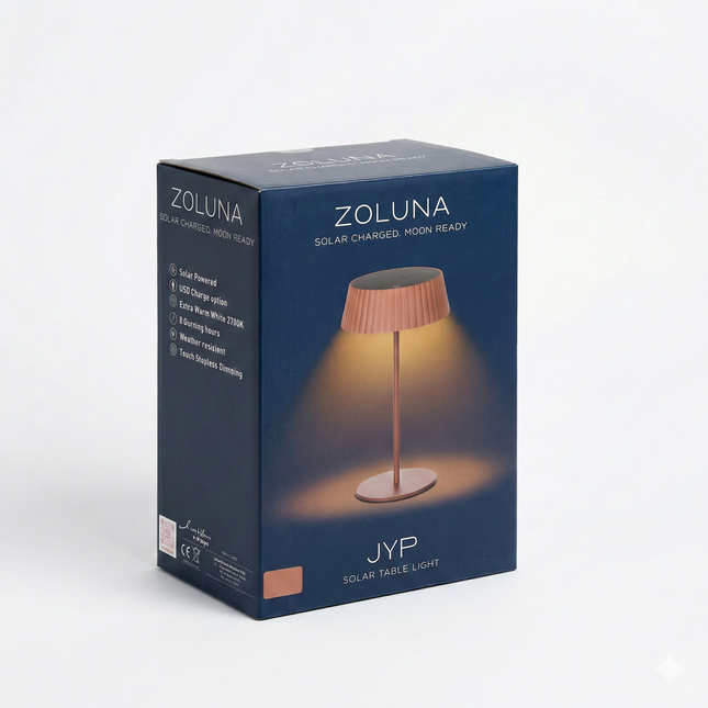 Verpakking van de ZOLUNA solar tafellamp Jyp Rusty Red