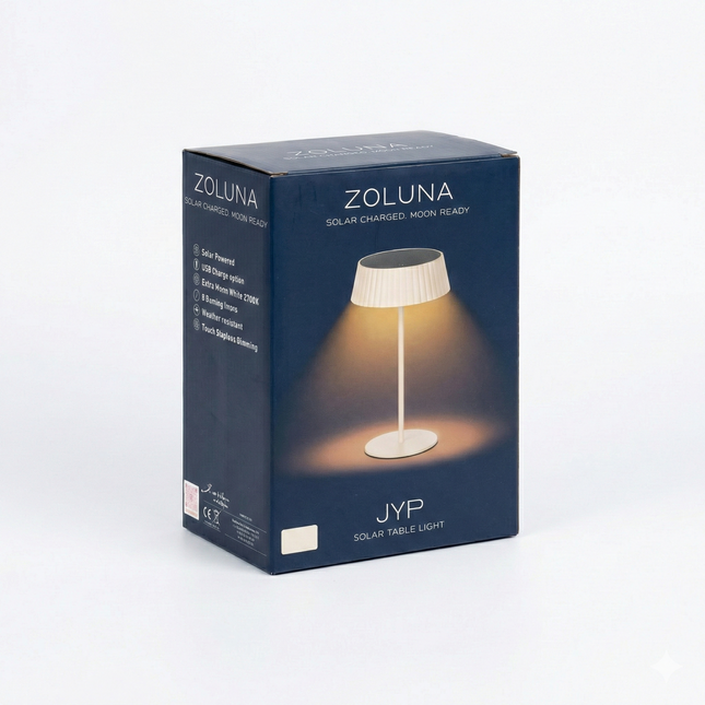 Verpakking van de ZOLUNA solar tafellamp Jyp zand