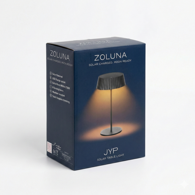 Verpakking van de ZOLUNA solar tafellamp Jyp zwart