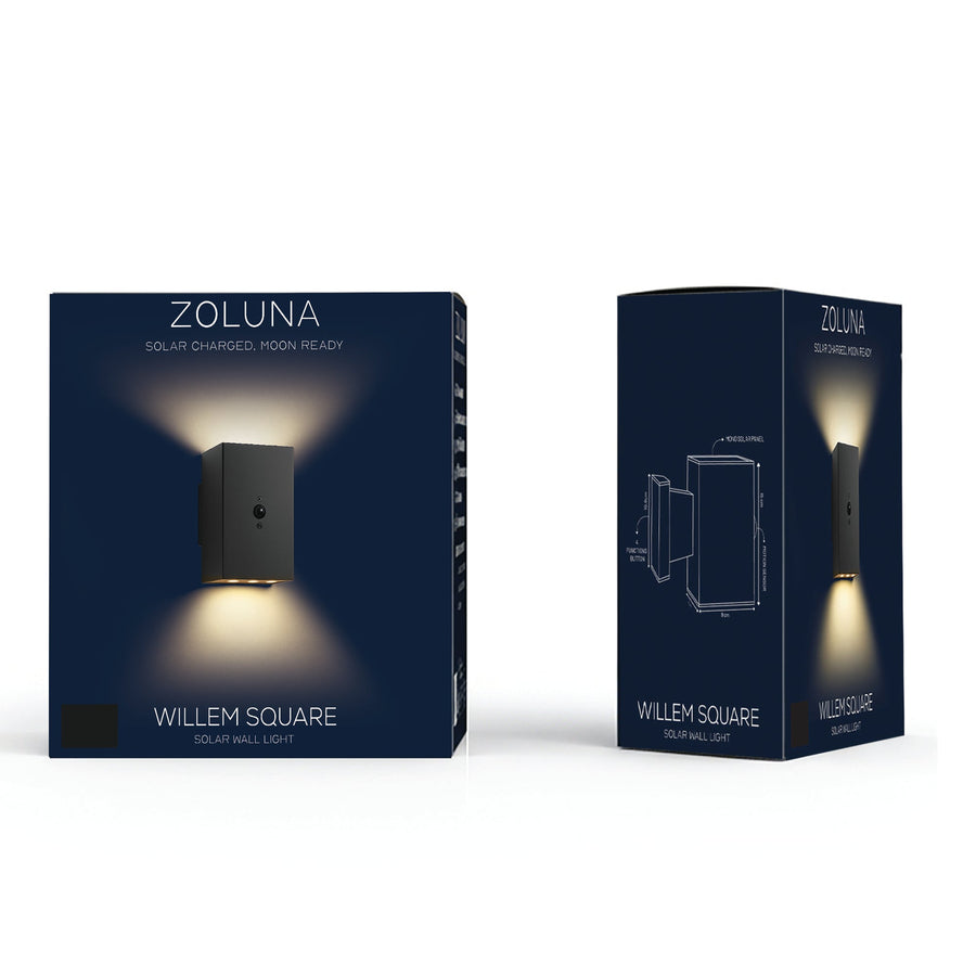 Verpakking van de ZOLUNA solar wandlamp Willem Vierkant